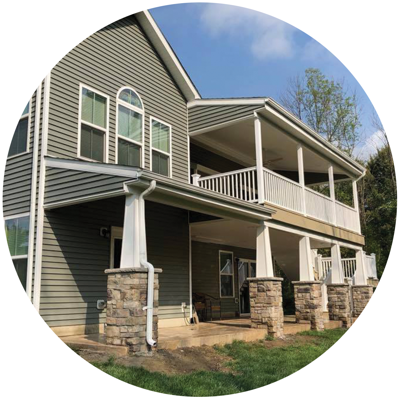 Roof and two-story porch with concrete patio